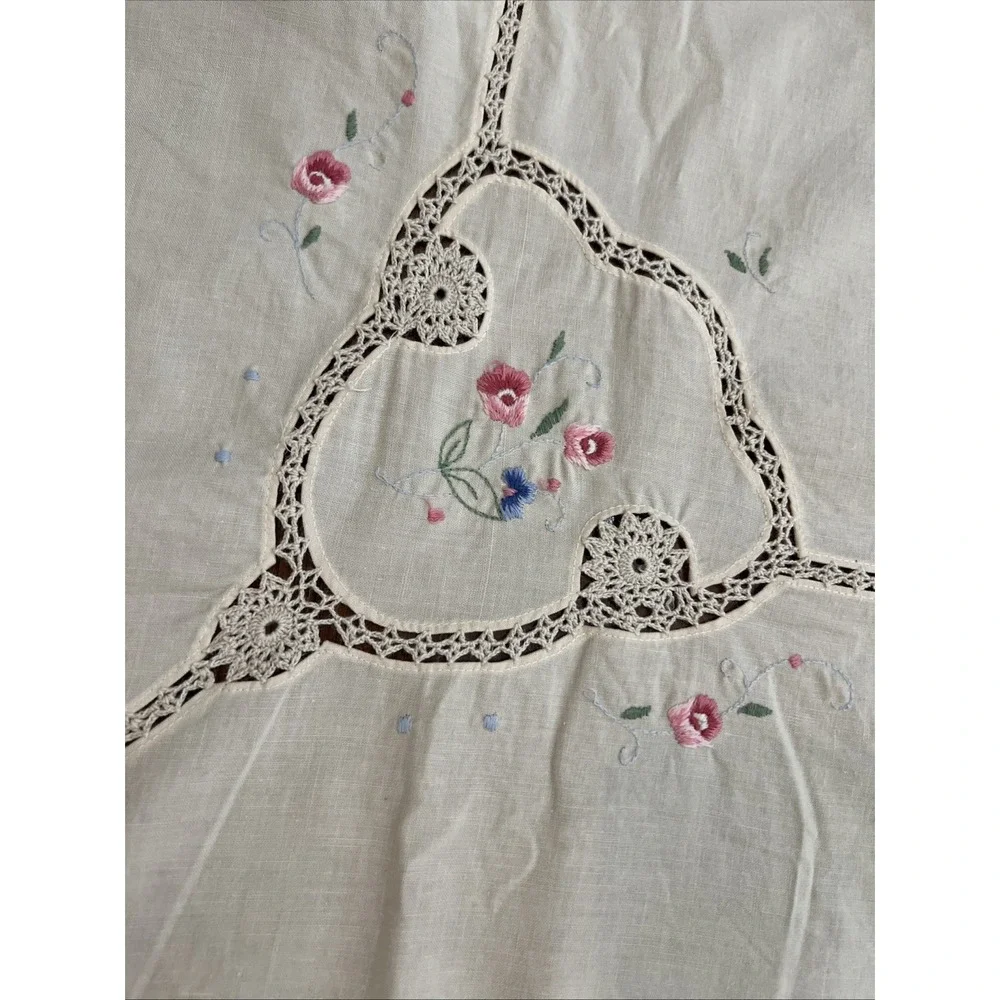 Vintage Hand Embroidered Floral Cottage Core Cotton Tablecloth 42x40 Square Ecru